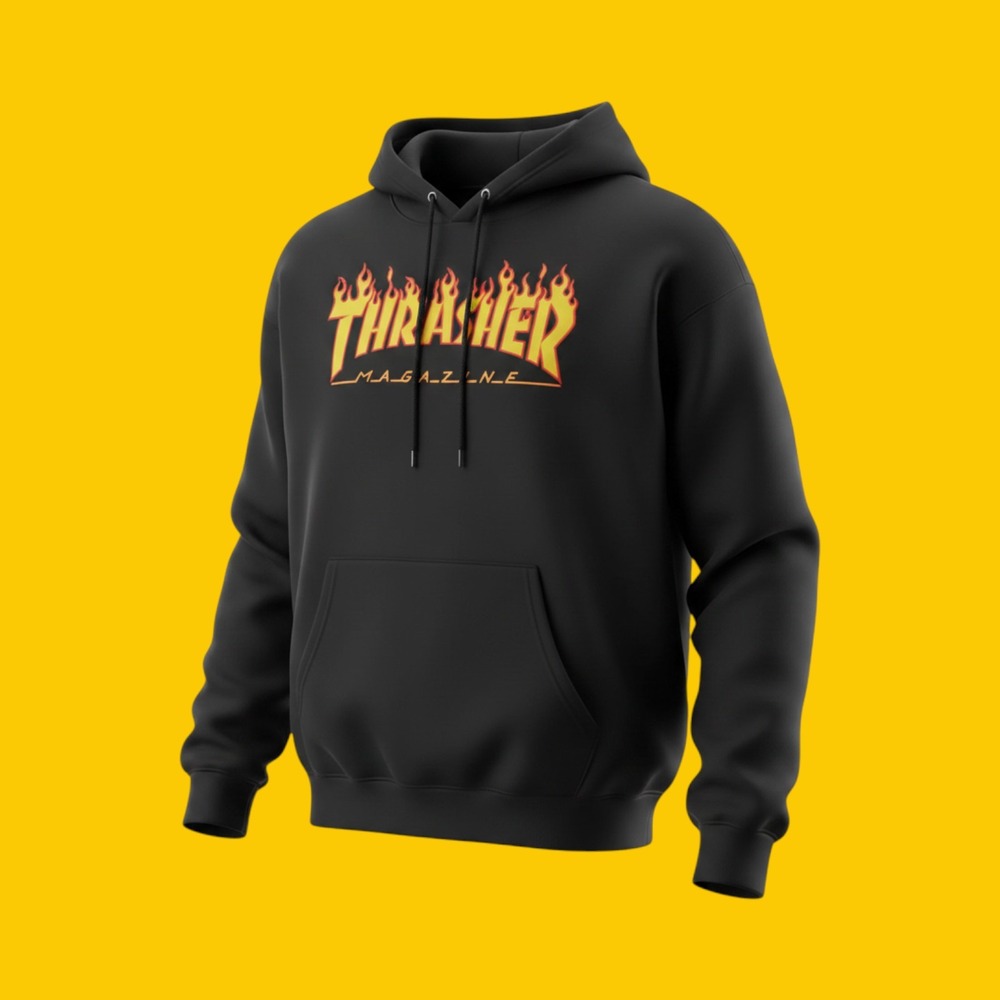 Thrasher Magazine Flame Logo Hoodie Mens XL Black  Pullover Sweatshirt